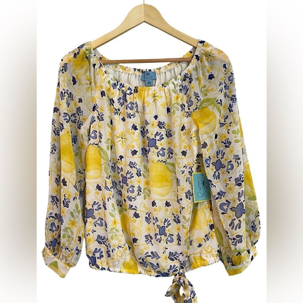 Ce Ce Yellow and Blue Floral Blouse Boat neck with tie hem.